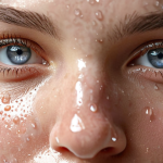 **
"Close-up of a woman's face with clear, hydrated skin, subtle glow. Focus on the healthy skin texture, perhaps with dew drops, implying moisturization. Cosmetic products with 'probiotics' label in the background, blurred."

**