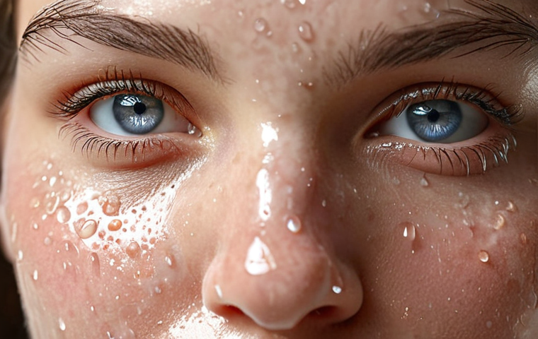 **
"Close-up of a woman's face with clear, hydrated skin, subtle glow. Focus on the healthy skin texture, perhaps with dew drops, implying moisturization. Cosmetic products with 'probiotics' label in the background, blurred."

**